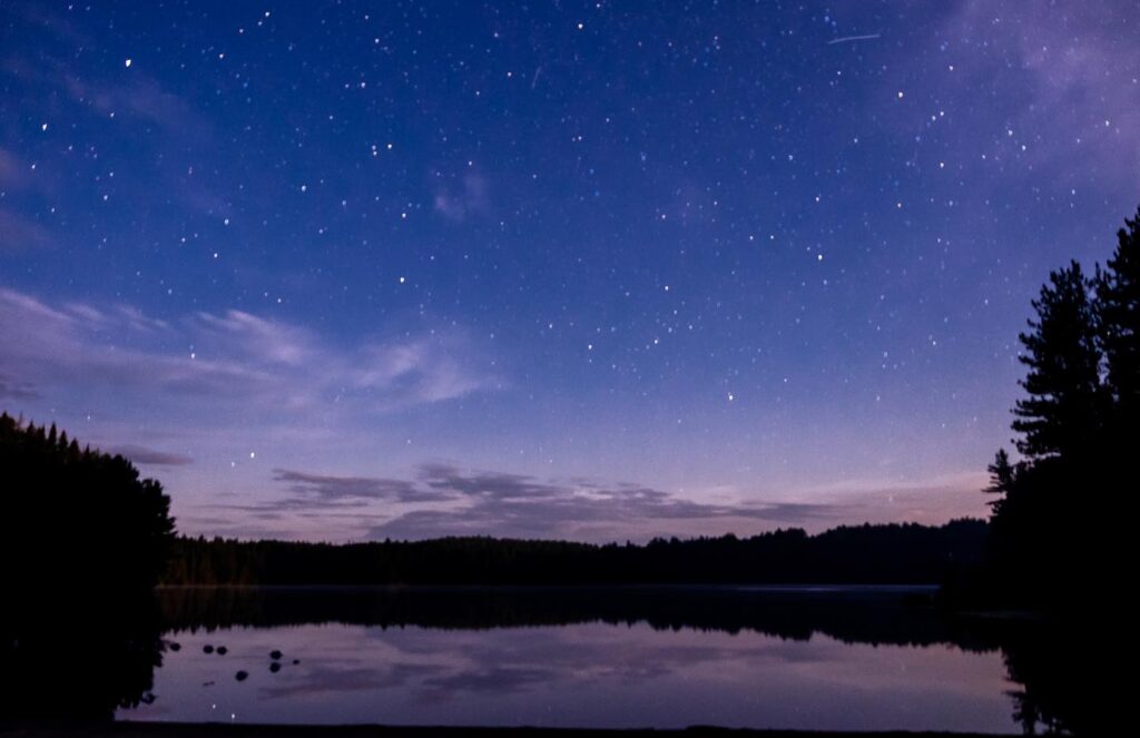Stars reflecting on Pog Lake in Algonquin Provincial Park at night, tree silhouettes framing the scene.