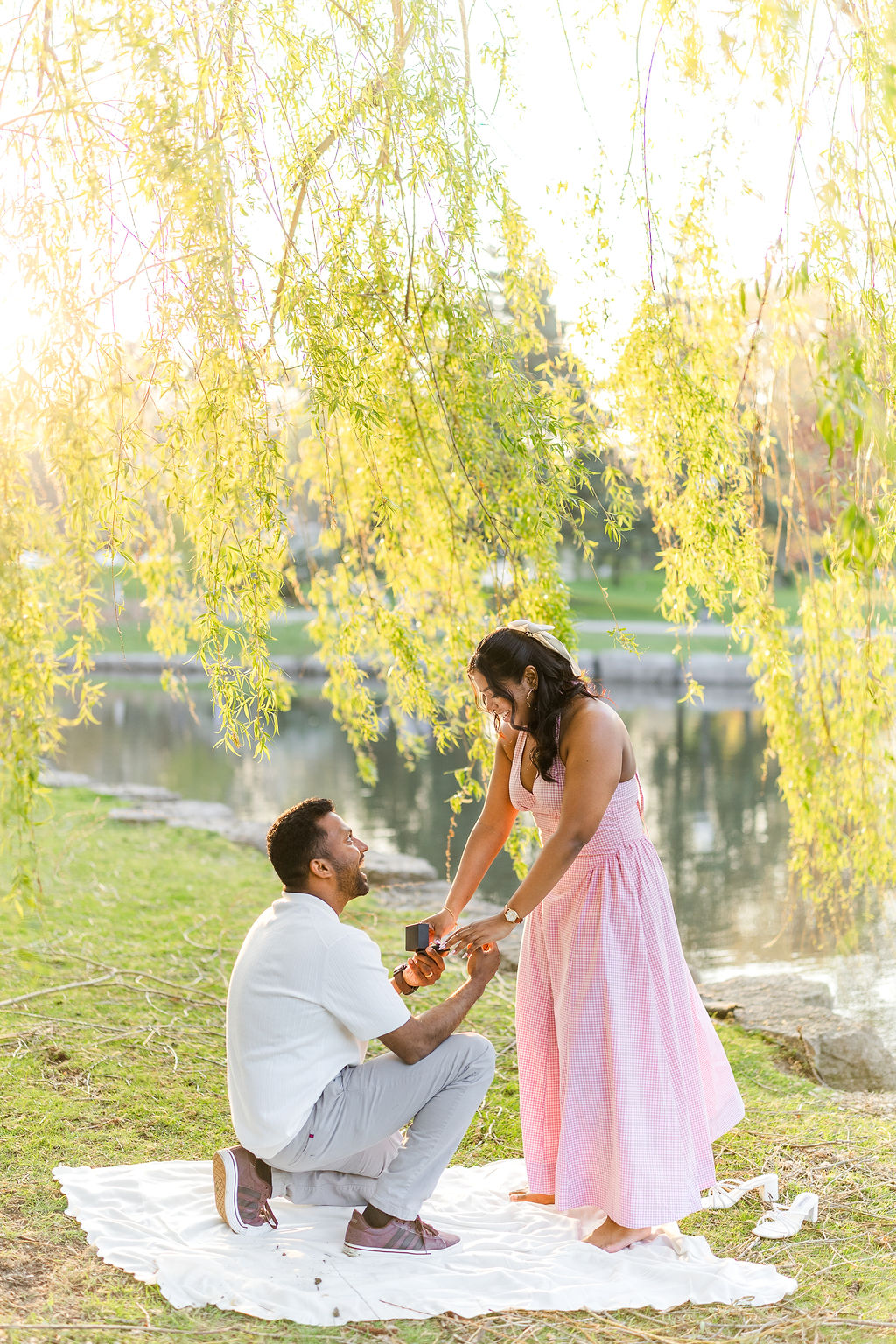 Man kneeling with a ring box proposing to a woman under golden willow trees by the water in Kitchener-Waterloo.